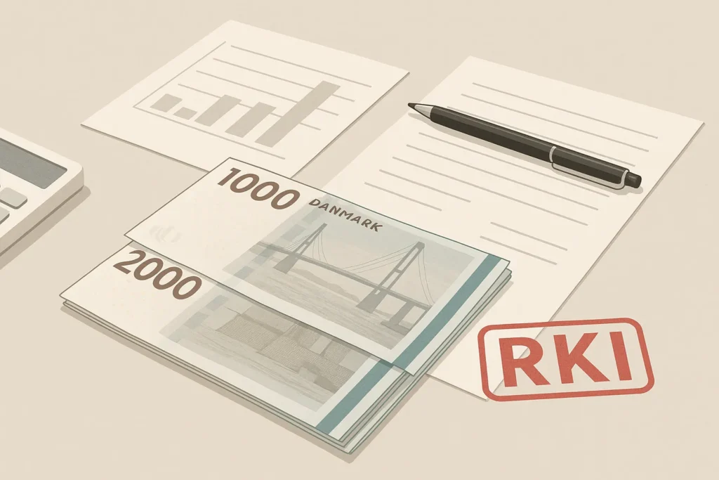 Lån 2000 kr trods RKI – neutral 16:9 illustration med økonomi og RKI-markering