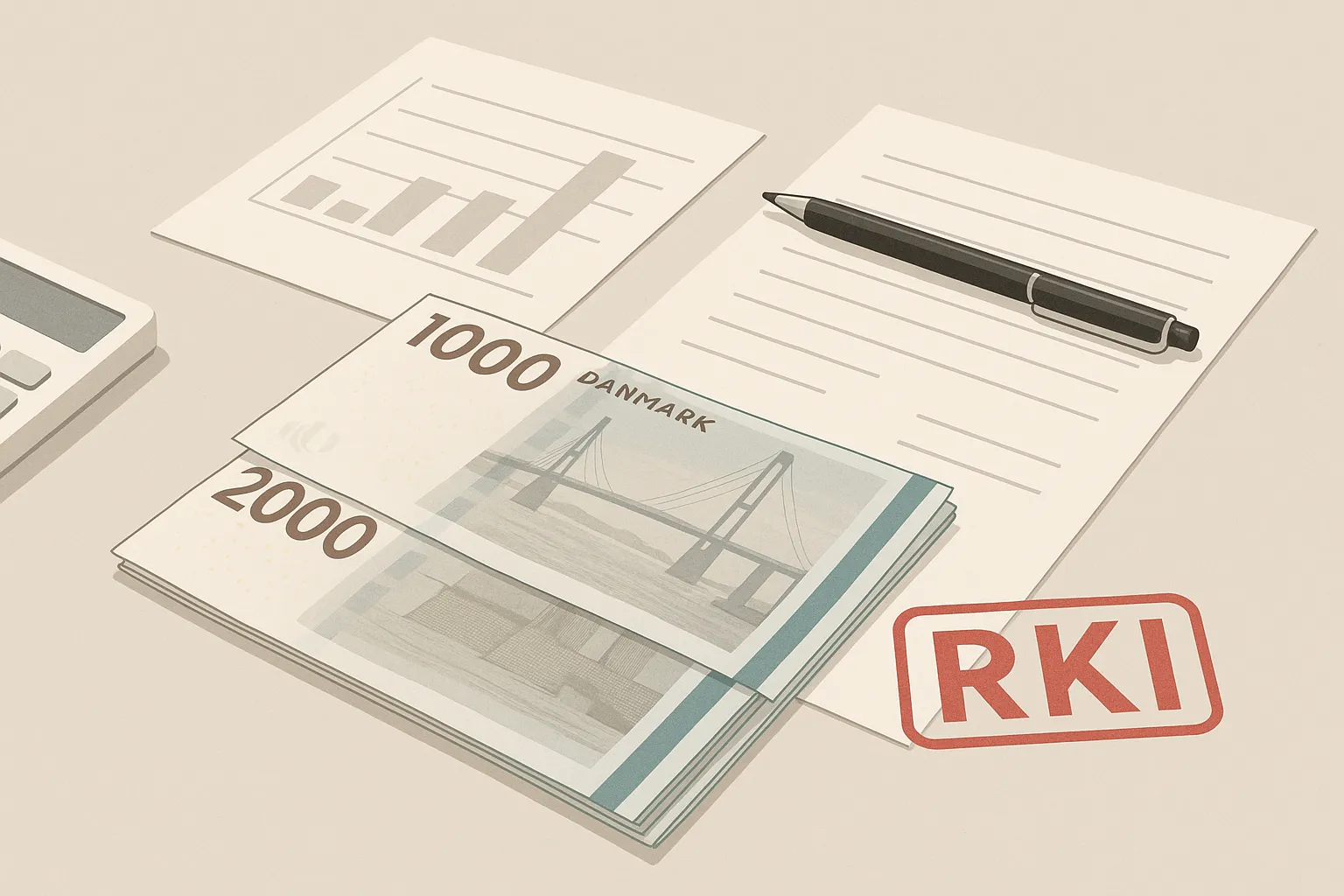 Lån 2000 kr trods RKI – neutral 16:9 illustration med økonomi og RKI-markering