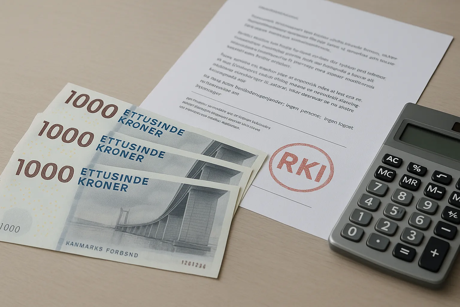 Lån 4000 kr trods RKI – realistisk 16:9 økonomiscene med danske sedler og RKI-markering