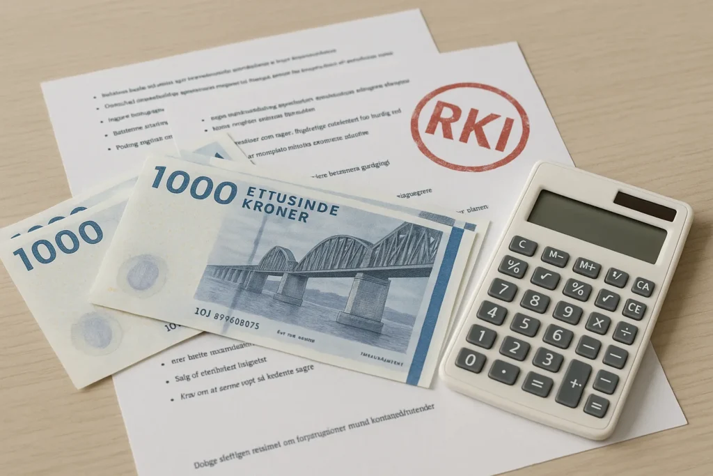 Lån 5000 kr trods RKI – skandinavisk økonomibillede med danske sedler og RKI-stempel