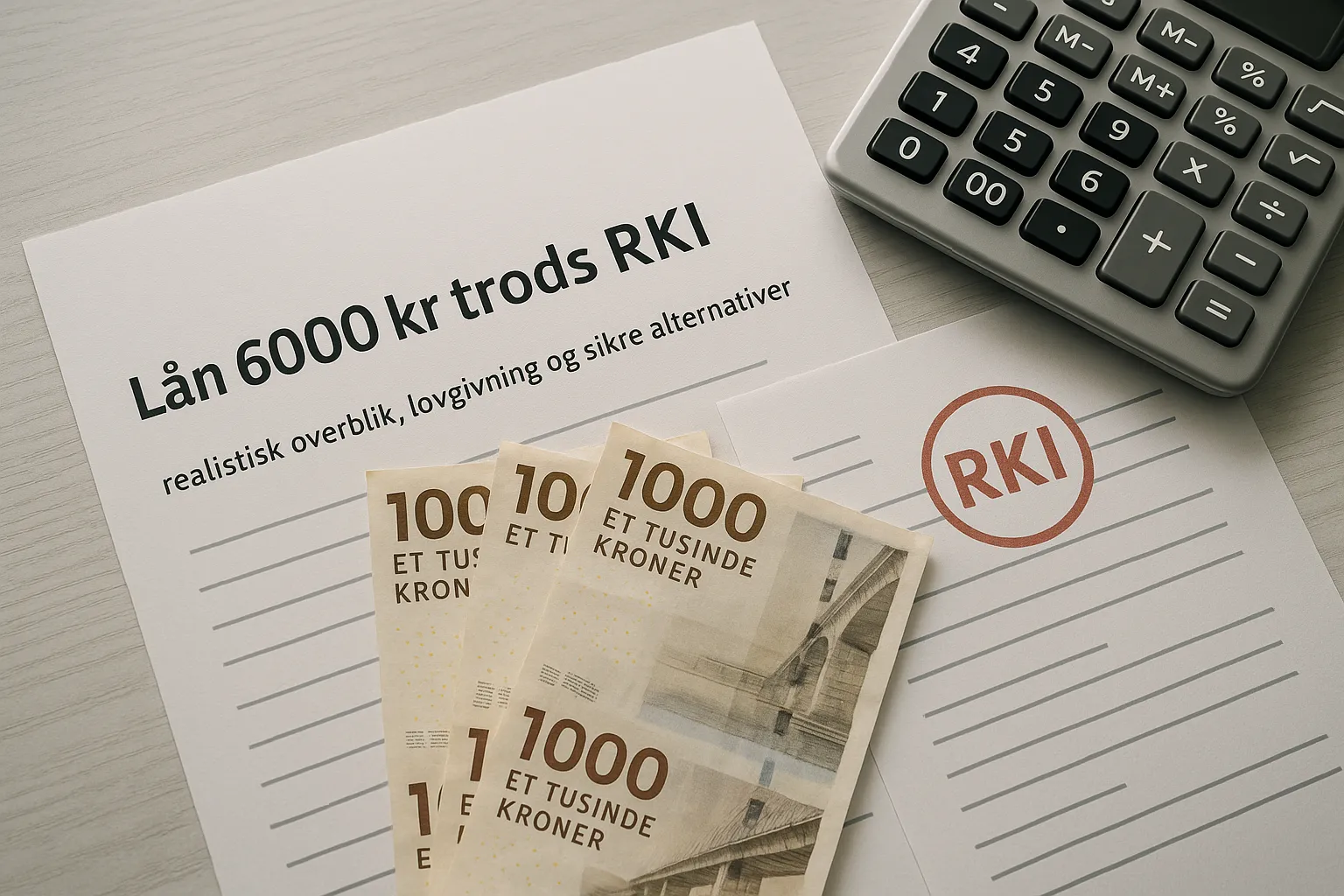 Lån 6000 kr trods RKI – skandinavisk økonomibillede med danske sedler, dokumenter og RKI-markering