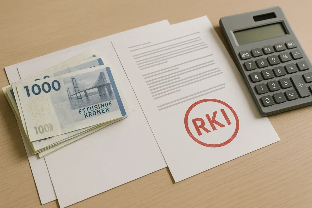 Lån 7000 kr trods RKI – realistisk skandinavisk økonomiillustration med danske sedler og RKI-stempel