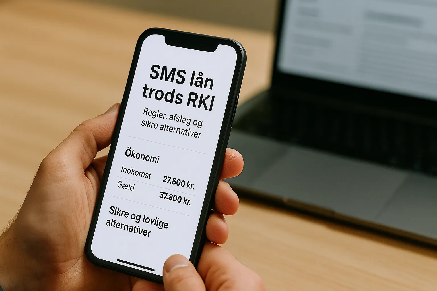 Person der undersøger muligheder for SMS lån trods RKI på sin mobiltelefon